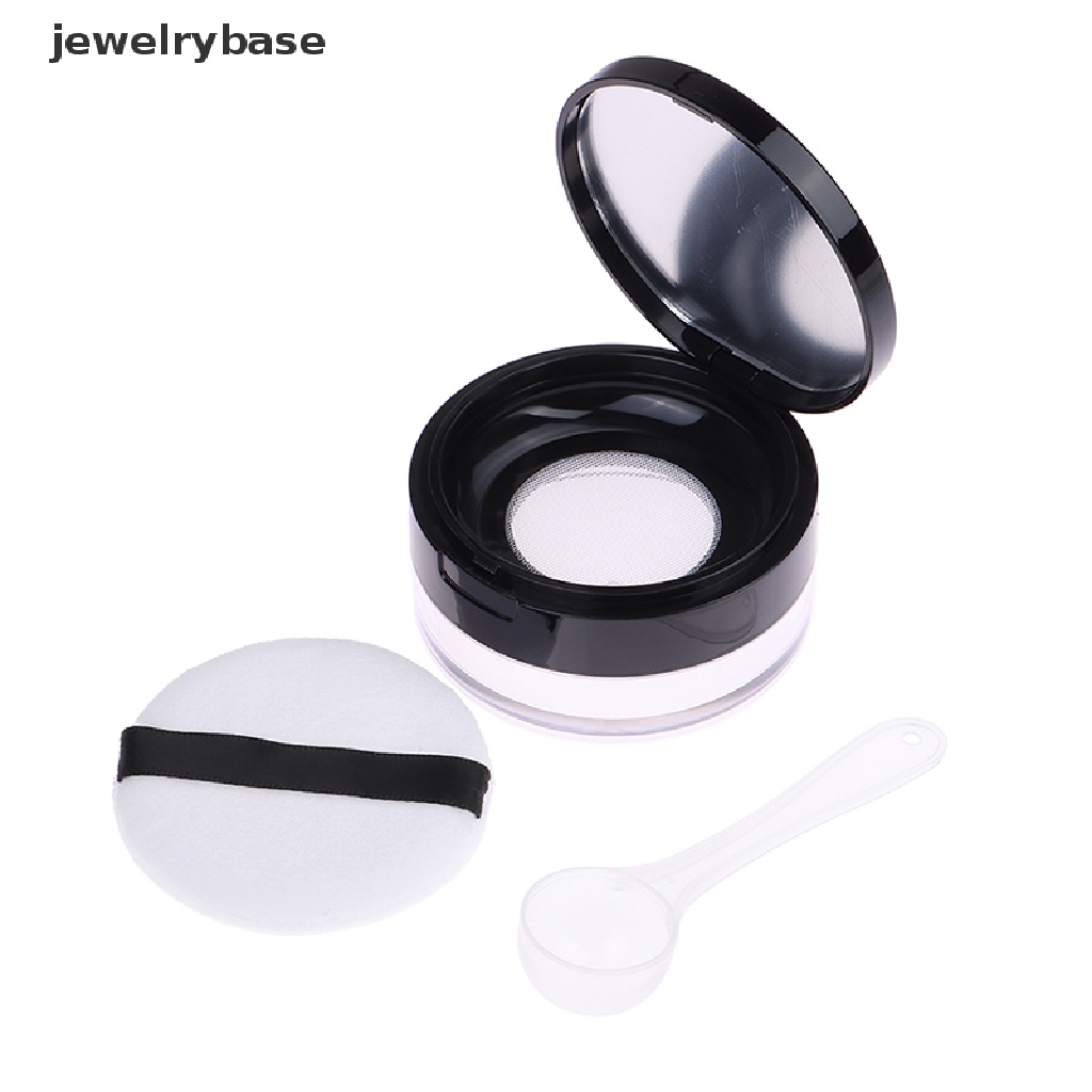 [jewelrybase] Kotak Puff Plastik Portabel Kosong Longgar Powdering Pot Dengan Cermin Saringan Dengan Sendok Butik