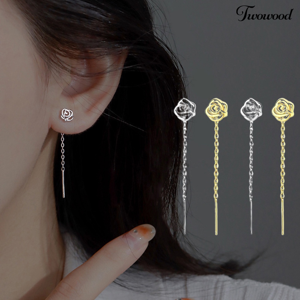 Twowood 1pasang Wanita Drop Earrings Bersinar Berongga-out Bunga Mawar Garis Rantai Gaya Elegan Telinga Dekorasi Warna Emas/Perak Panjang Liontin Anting Perjamuan Pesta Perhiasan