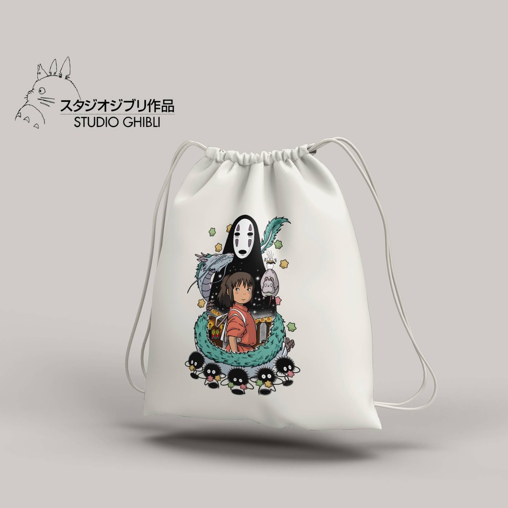 Stringbag anime studio ghibi series spirited away tas serut anime string bag canvas premium blacu