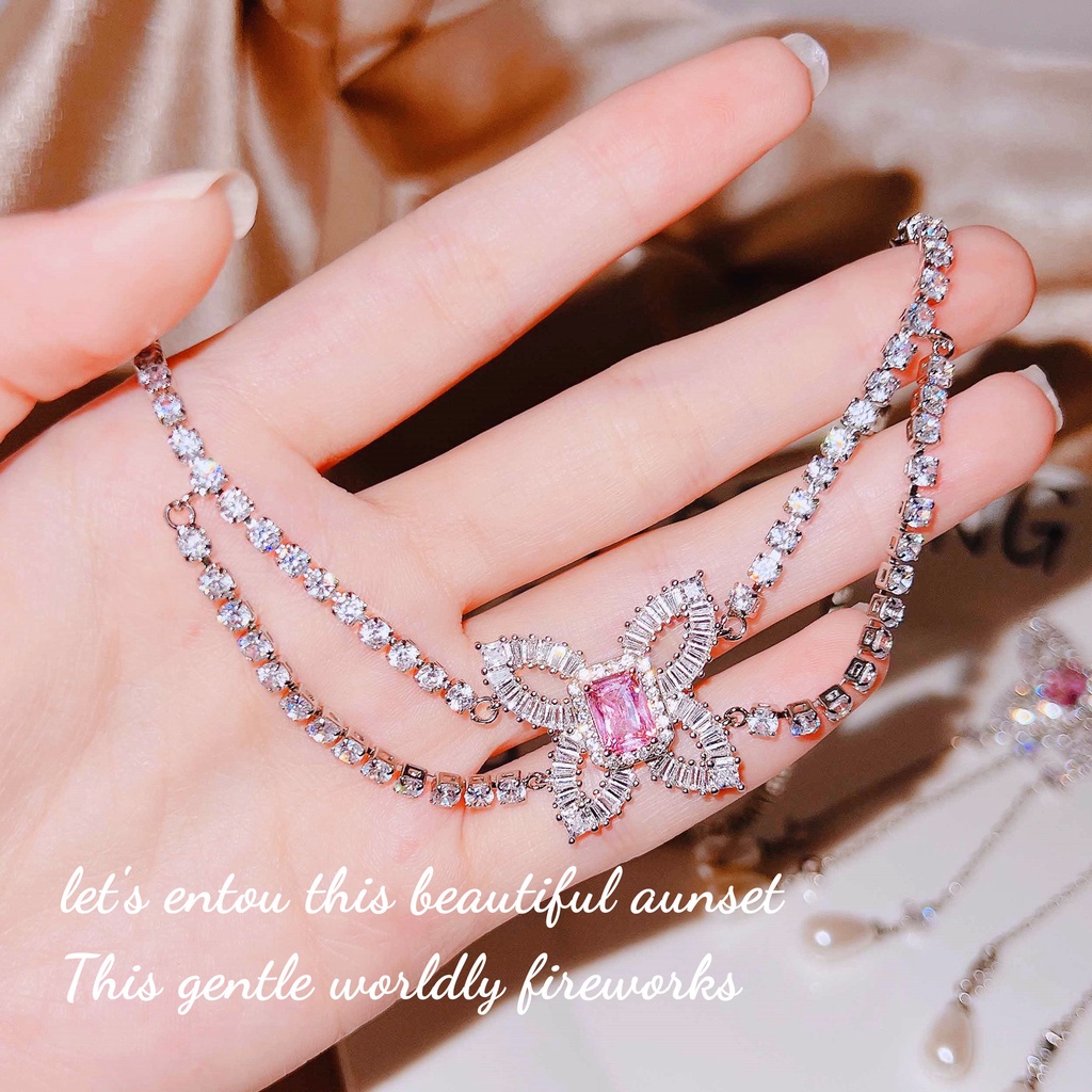 Goldkingdom Fashion Perhiasan Aksesoris Ready Stock Desainer Mewah Super Peri Kupu-Kupu Kalung Kecil Mengkilap T Persegi Merah Muda Berlian Anting Mutiara Perempuan