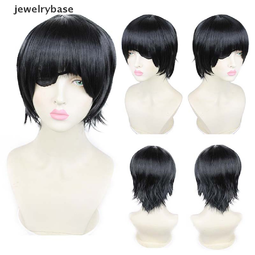 [jewelrybase] Himeno Wig Rantai Man Hitam Pendek Berbulu Lapis Rambut Sintetis Patch Tahan Panas Kostum Pesta Wig Butik