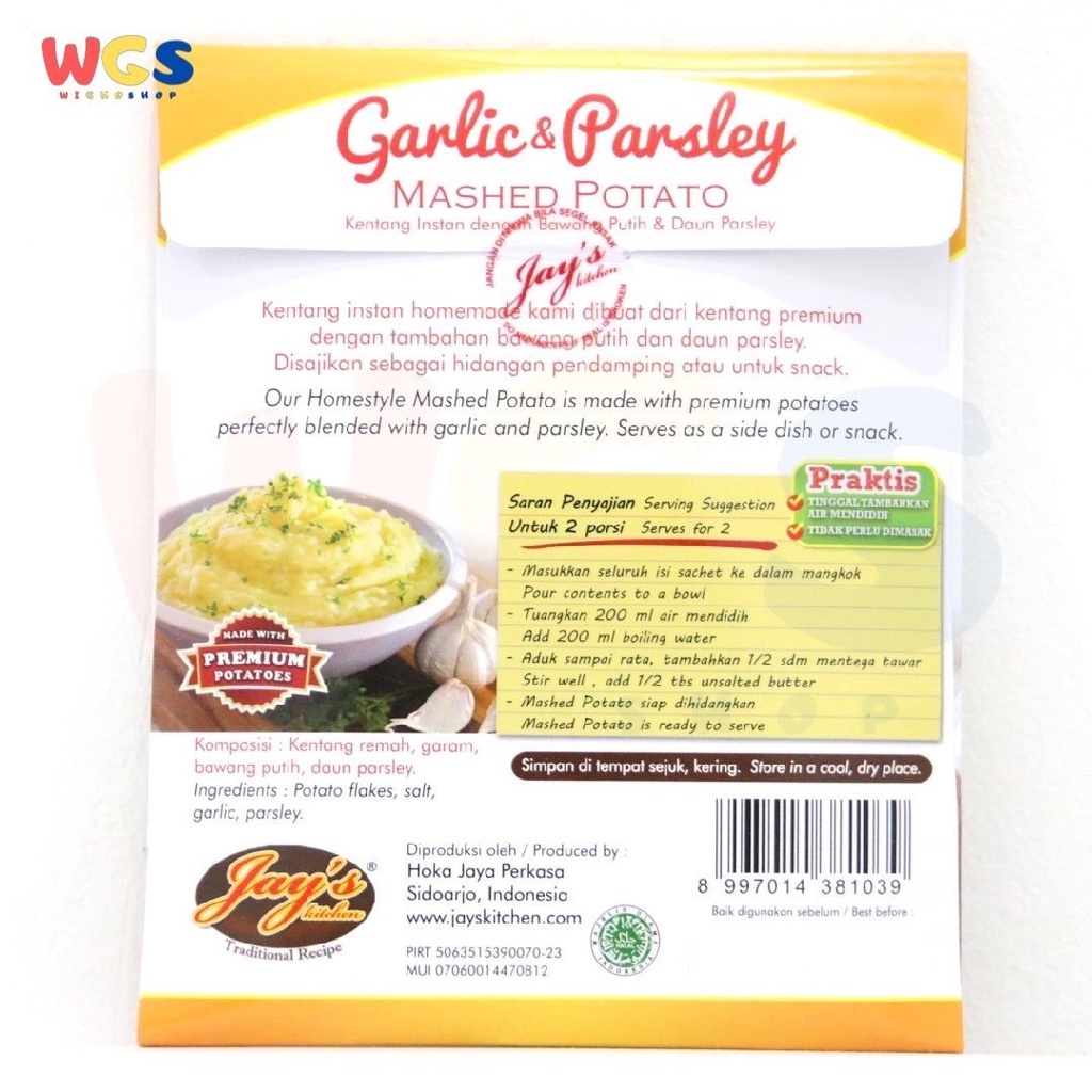 Jay's Kitchen Jays Garlic &amp; Parsley Premium Mashed Potato 45g - Kentang Instant