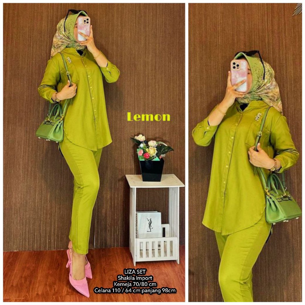 Liza Set - One Set Wanita Kemeja Shakila  Import Twill Premium Setelan Baju Lengan 7/8 Set Celana Panjang Kekinian LD 112 cm