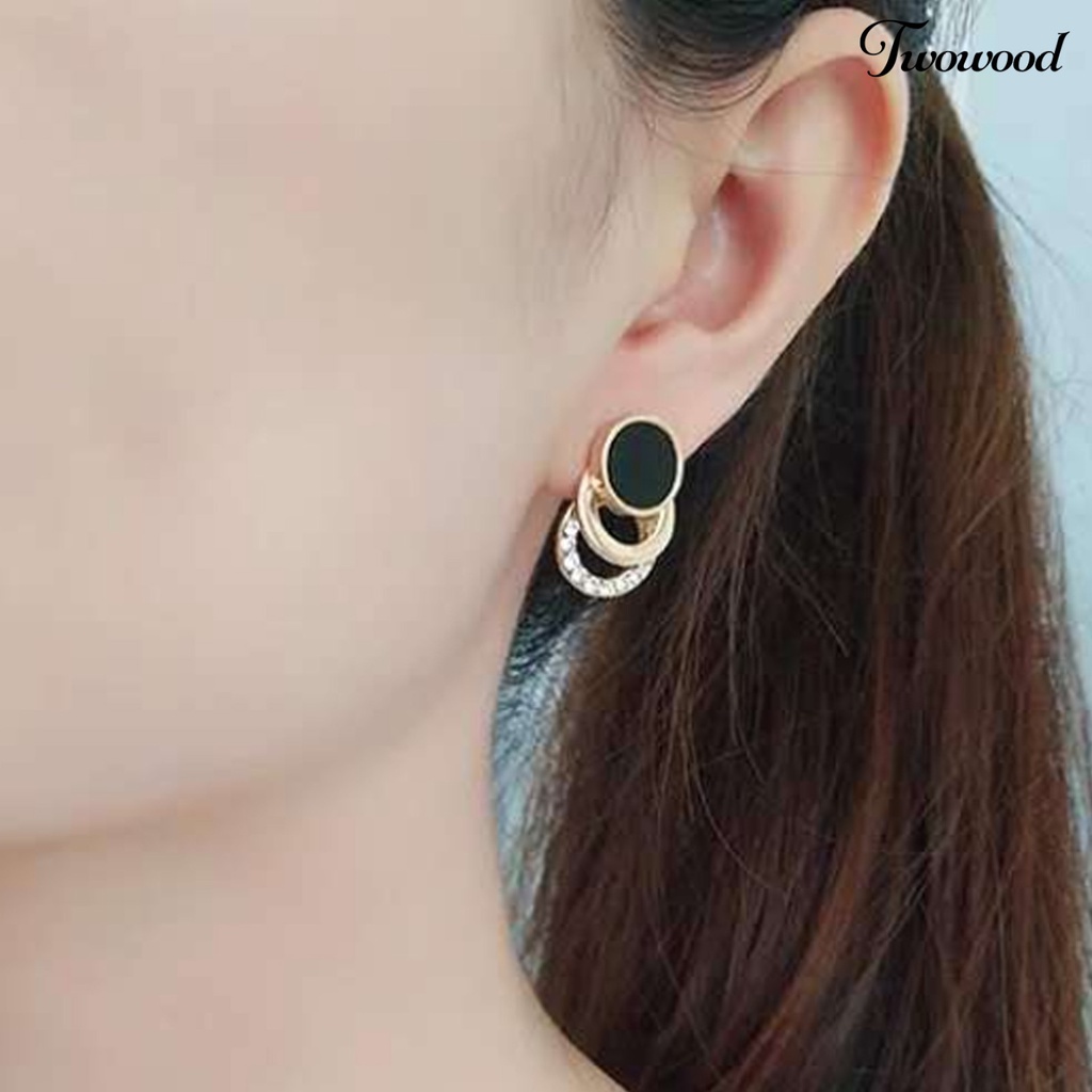 Twowood 1pasang Ear Studs Multi-layer 3cincin Bulat Lingkaran Hitam Hadiah Fashion Perhiasan Berlian Imitasi Berkilau Wanita Anting Untuk Harian