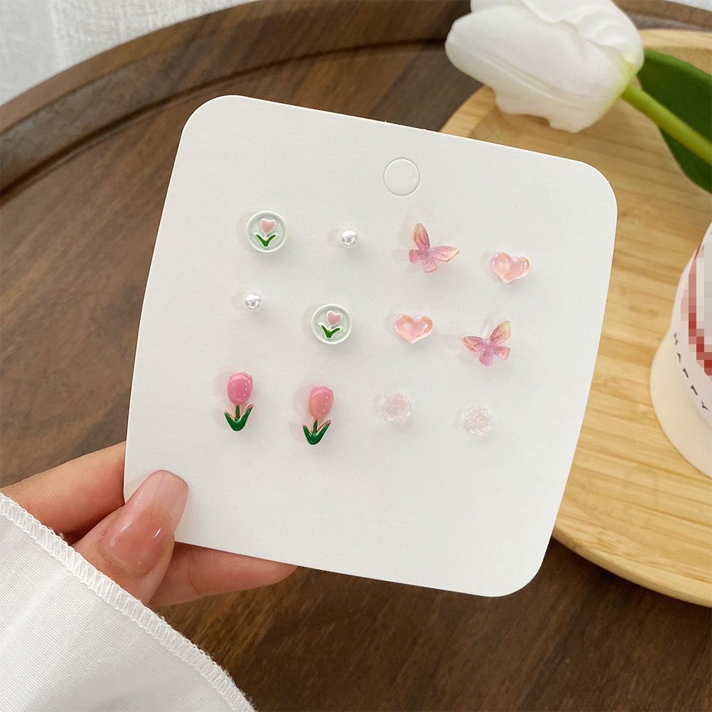 6pasang Paduan Anting Tulip Hati Kupu-Kupu Bunga Stud Earrings Set Untuk Wanita Perempuan Chic Perhiasan Telinga