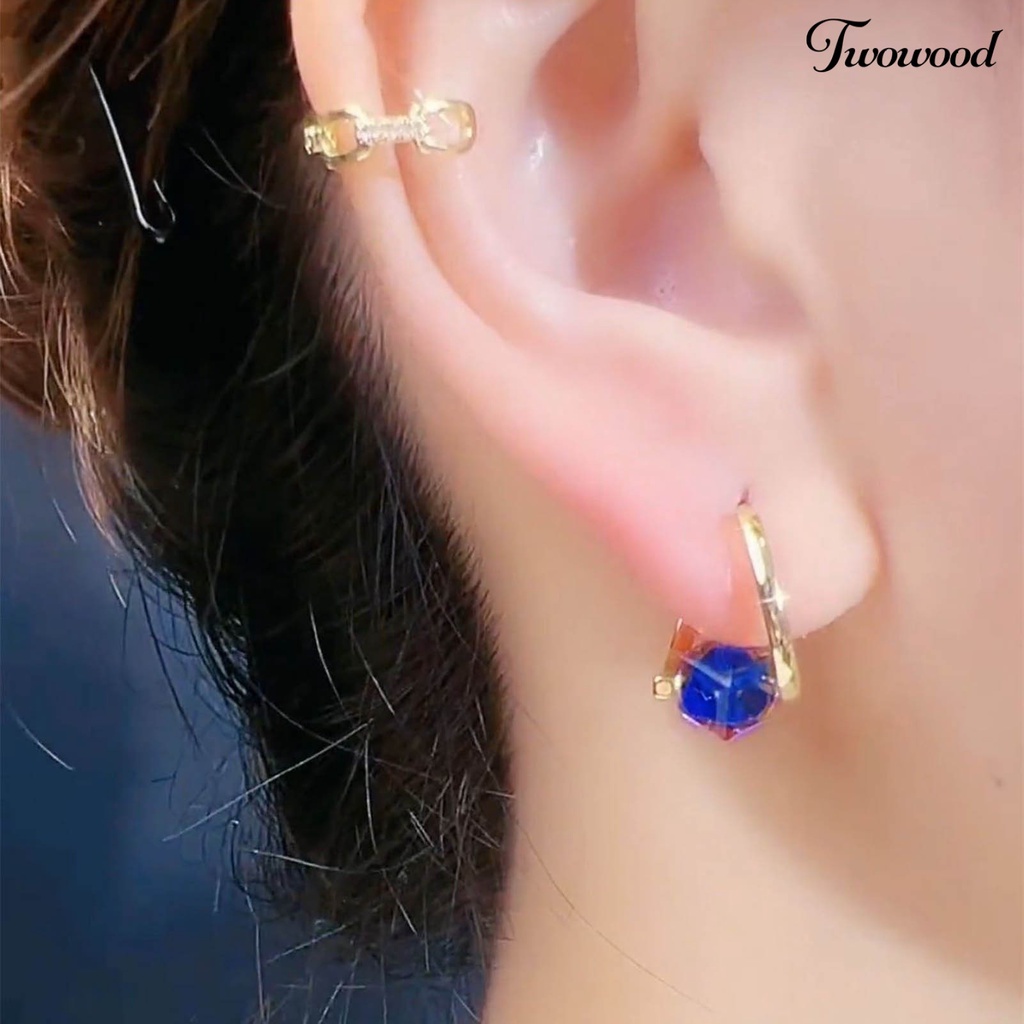 Twowood 1pasang Drop Earrings Geometris Warna-Warni Temperamen Kilau Terang Electroplating Hias Hadiah Anniversary Wanita Biru Kristal Imitasi Menjuntai Anting Perhiasan Aksesoris