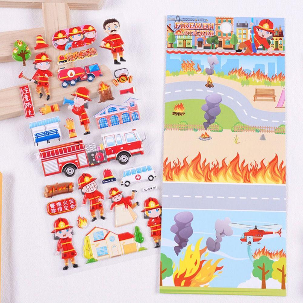 Lanfy 3D Bubble Foam Stiker Anak 1lembar DIY Scrapbook Fire Truck Fireman Series Kids Sticker Mainan Stiker Hias