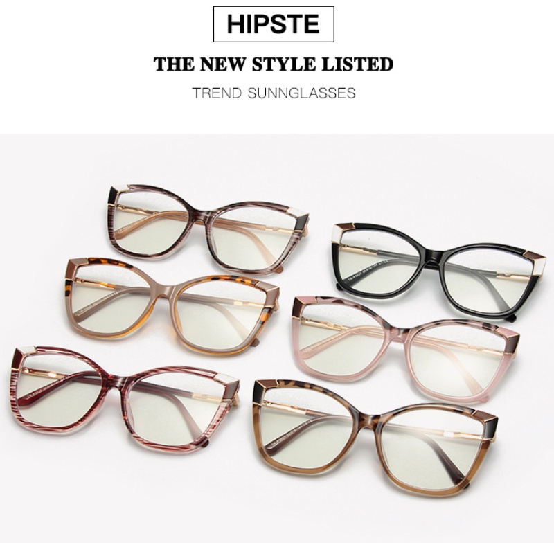 (YUZHU) Western Fashion Oversized Frame Cat Eye Eyeglasses Retro Fashion TR90 Anti-Blue Light Pattern Eyeglasses Untuk Wanita