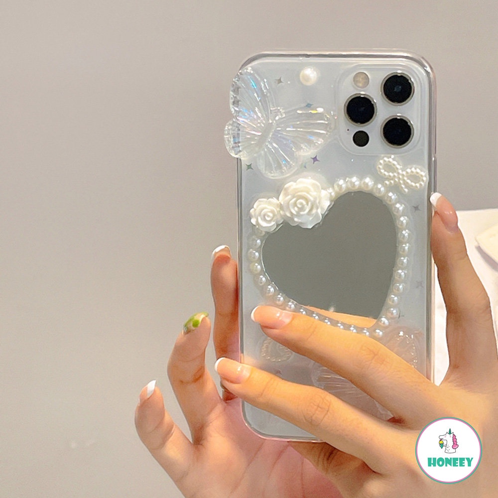 3D Stero Crystal Clear Butterfly Makeup Mirror Clear Phone Case compatible for iPhone 14 13 12 11 Pro Max X XS XR 8 7 Plus Luxury Pearl Soft TPU Shell