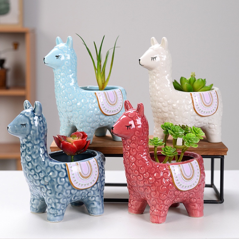 ღ Kartun Keramik Pot Bunga Alpaka Cute Bunga Succulent Pot Desktop Ditempatkan Pot Wadah Dekorasi Hadiah Kreatif Balkon Dekorasi