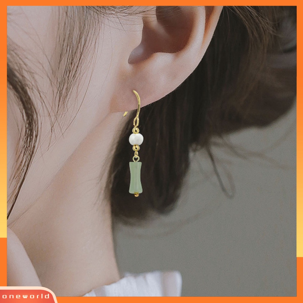 [OWR] 1pasang Anting Menjuntai Manik-Manik Mutiara Imitasi Gaya China Faux Hetian Jade Bamboo Joint Hook Earrings Aksesoris Perhiasan