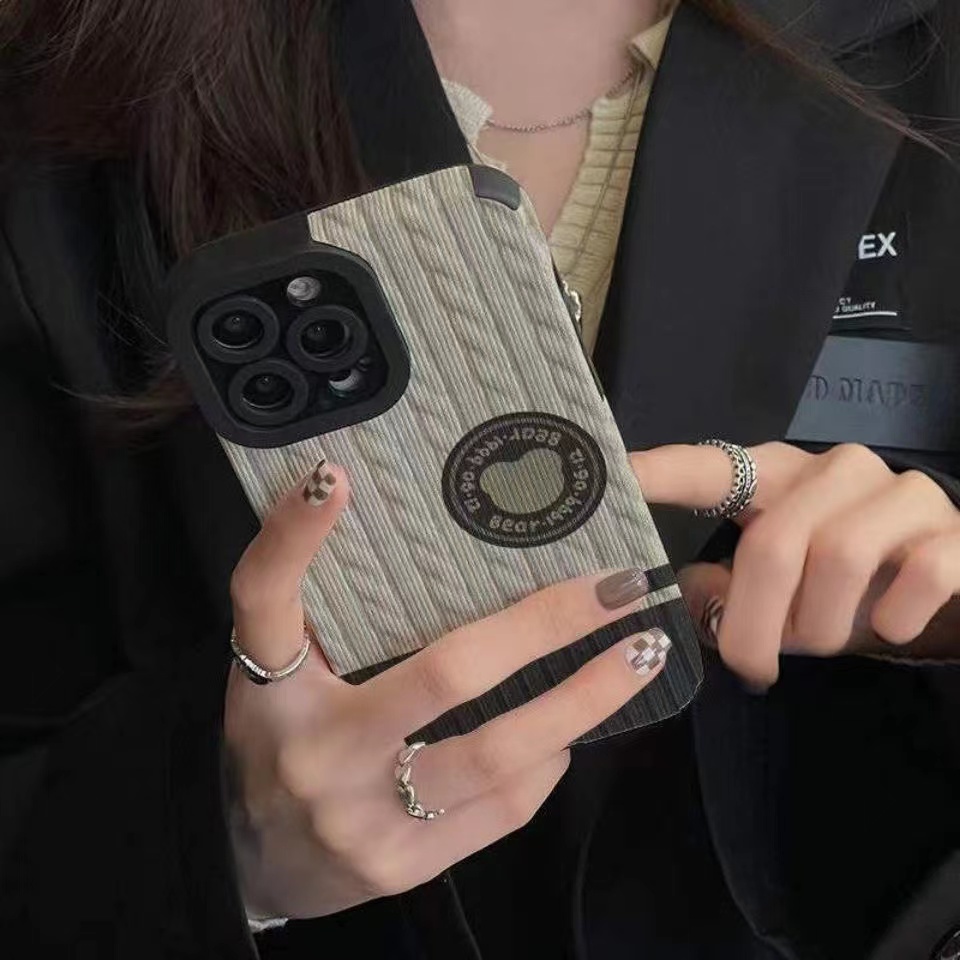 【Lamb Skin】Leather Soft Case IP IPhone 7 8 14 Plus 7+ 8+ X XR SE 2020 XS Max 11 12 13 14 Pro Max Phone Case Cute Grey and Black Sweater Bear