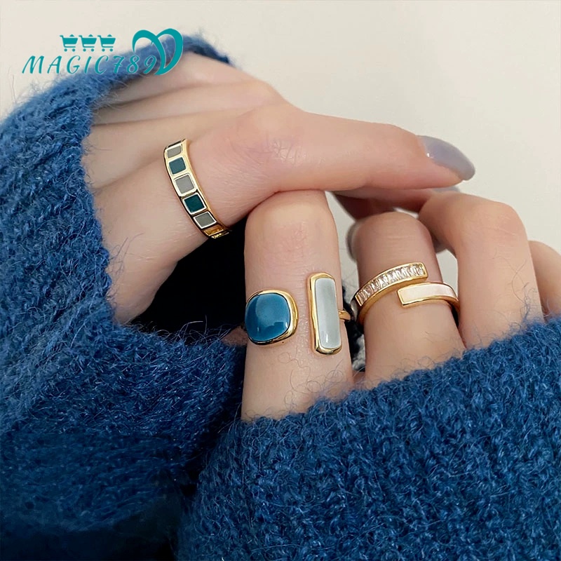 Papaozhu Vintage Biru Hijau Permata Chunky Cincin Wanita Pria Klasik Stackable Ring Elegan Jari Manset Perhiasan Aksesoris