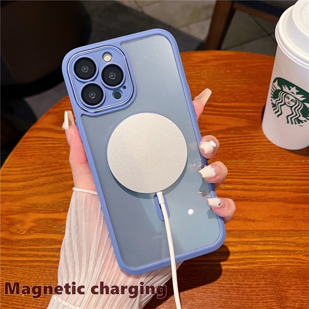 IPHONE Pelindung Kristal Dengan Casing Ponsel Pengisian Nirkabel Magnetik Untuk Iphone14 13 Pro Max14 Plus Casing Penutup Transparan Shockproof