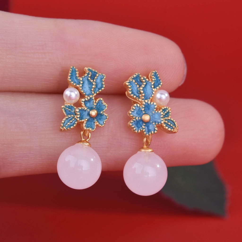 Goldkingdom Fashion Perhiasan Aksesoris Ready Stock Meniru Giok Panas Alami Anting Perempuan Mewarisi Kerajinan Emas Asli Kadar 375 Kuno Manik-Manik Bulat Enamel Antik Anting