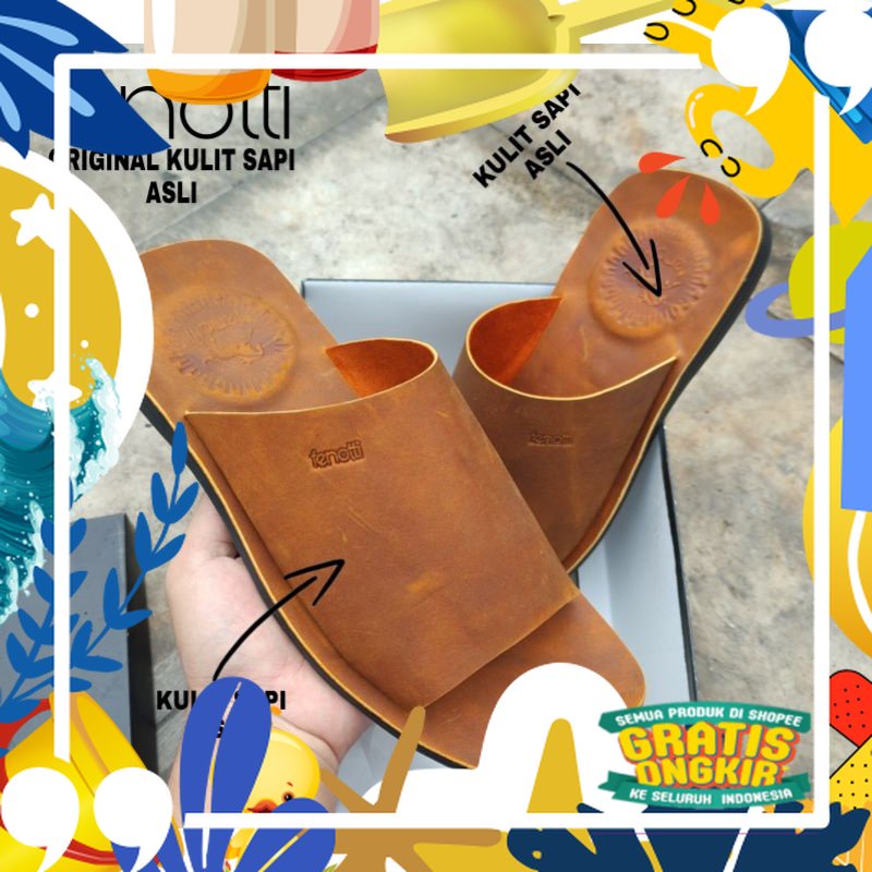 sandal pria kulit sapi asli slop full kulit sapi original fenotti/ merah putih biru polos