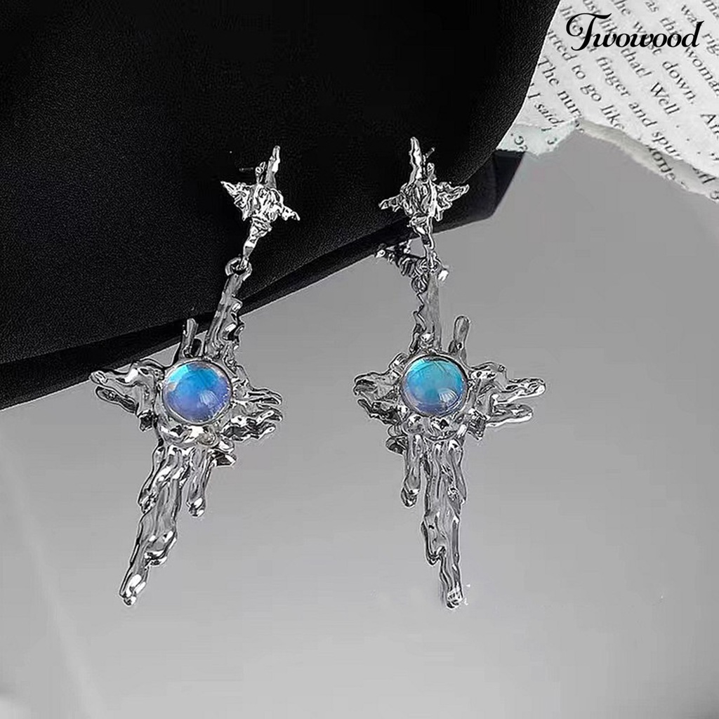 Twowood 1pasang Drop Earrings Tidak Teratur Logam Cair Panjang Rumbai Hip Hop Kilau Terang Hias Hadiah Wanita Salib Faux Moonstone Pendant Stud Earrings Perhiasan Aksesori Fashion