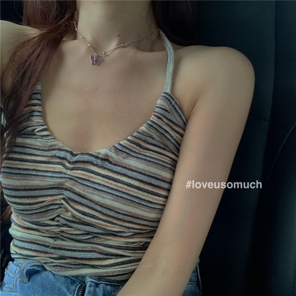 Red Pakaian Luar Seksi Bergaris Suspender Halter Leher Rompi Musim Panas Tanpa Lengan Tanpa Tali Dalam Kemeja Dasar Pendek Licik Top Wanita