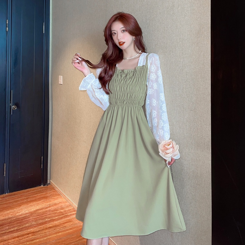 Good Quality 2023 Fashion Korean Style Dress Long Sleeve Black Khaki Midi Dress for Women Midi Dress Khaki Hitam Untuk Wanita Lengan Panjang Gaun