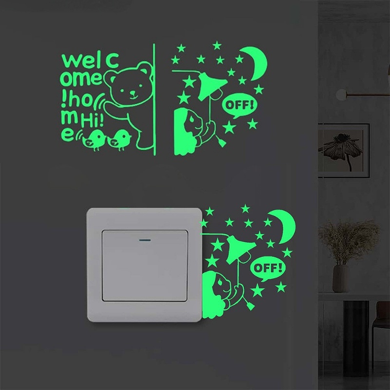 Stiker Beruang Rumah Selamat Datang Kartun Bercahaya/Glow in the Dark Stars Girl Switch Stickers/Perlengkapan Dekorasi Kamar Anak