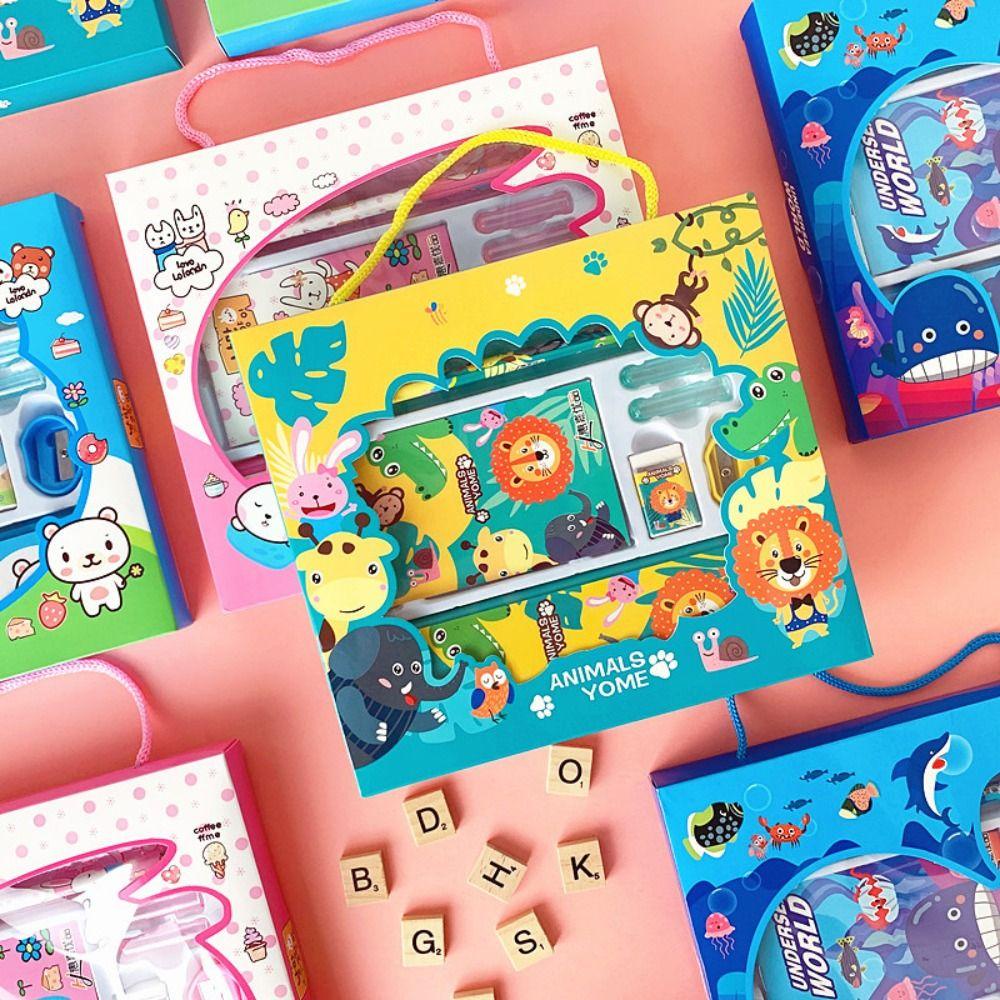 Lanfy set Penggaris Penghapus Pensil 8 Pcs/set Kawaii Anak Murid Kartun Perlengkapan Sekolah Anak Sd Hadiah