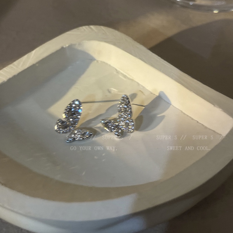 Anting Tusuk Silver Anting Kupu-Kupu Zircon Mewah Untuk Perhiasan Aksesoris Wanita