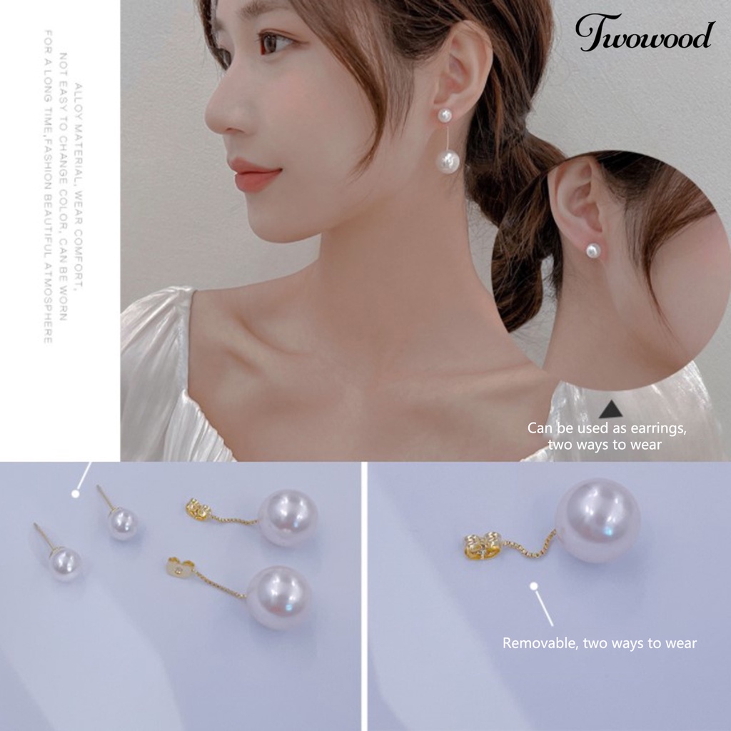 Twowood 1pasang Menjuntai Anting Elegan Telinga Dekorasi Tindik Temperamen Mutiara Imitasi Panjang Rumbai Stud Earrings Aksesoris Fashion