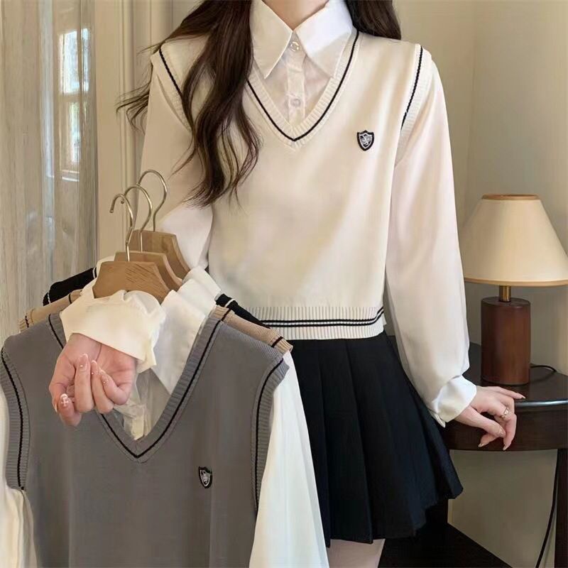 GROSIRTAS TG1663 Knit Vest Blouse Long Sleeve Ala Korea Import Vest LOGO Trend Korean Girl