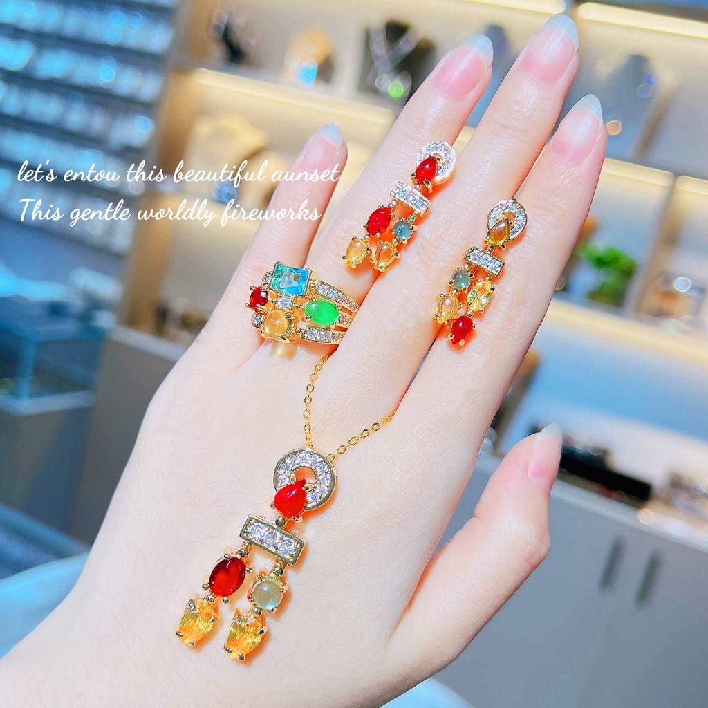 Goldkingdom Aksesoris Perhiasan Fashion Ready Stockvintage, Anting Prancis Vintage, Baojia Bersinar Kalung Permen Persegi, Tapal Kuda Gema Pelangi Cincin