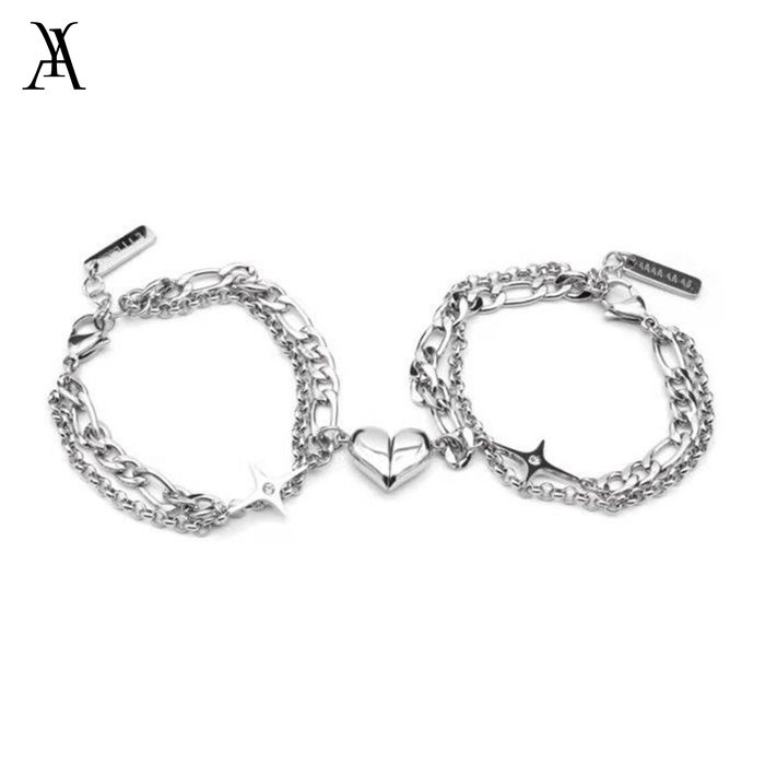 AY(CN) 2pcs / Set Gelang Rantai Magnet Ganda Warna Silver Untuk Pasangan