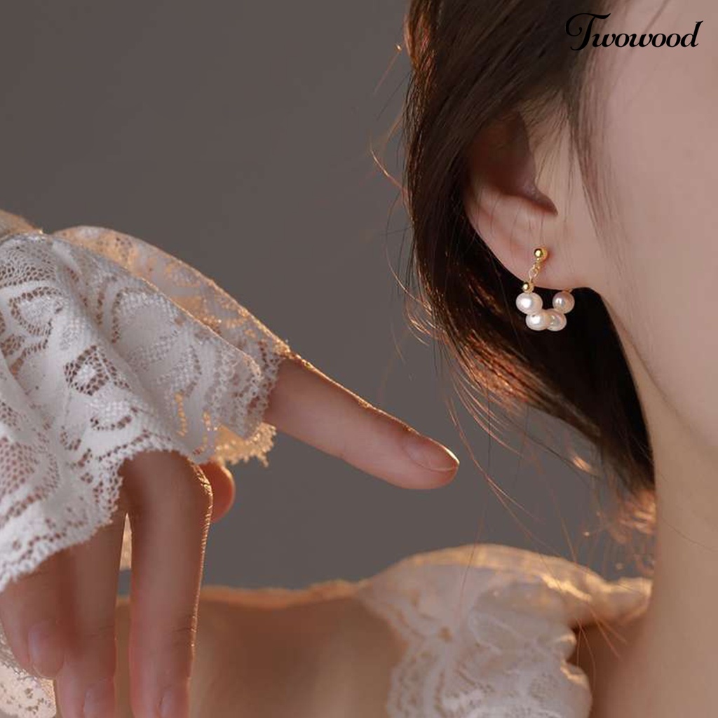 Twowood 1pasang Ear Studs Vintage Elegan Manis Geometris Electroplating Dress Up Multi-wear Wanita Mutiara Imitasi Liontin Stud Earrings Perhiasan Untuk Pacaran