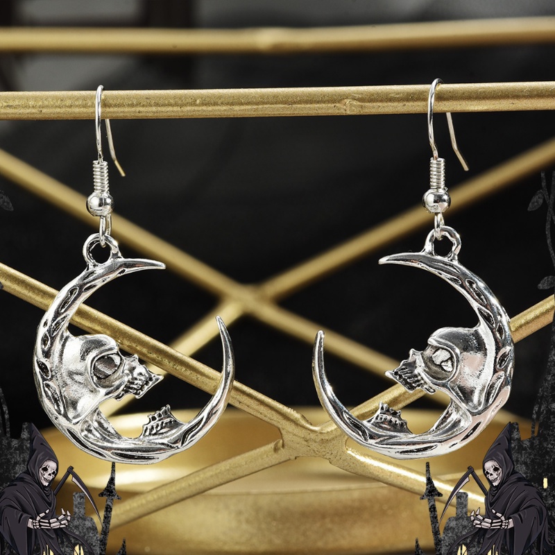 1pasang Anting Liontin Tengkorak Gaya Gotik/Fashion Retro Crescent Skeleton Drop Earrings Untuk Wanita