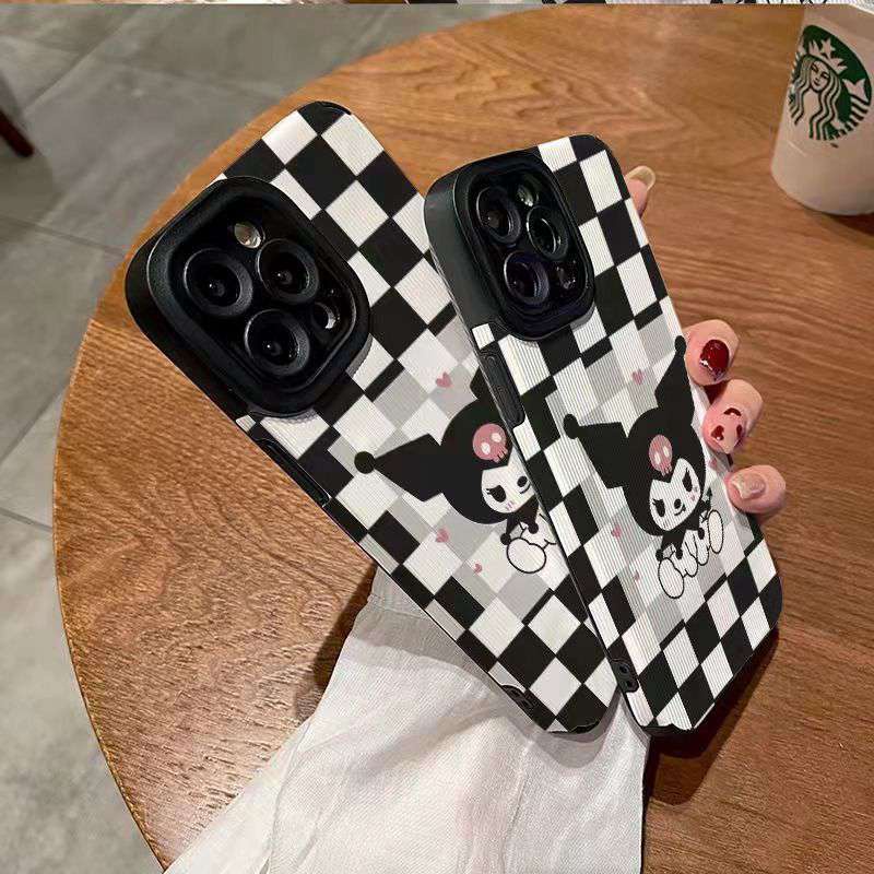 【Lamb Skin】Black and White Checked Kuromi Soft Case for IPhone 6S 7 Plus 8 Plus X XS XR XS Max 11 13 12 14 PRO Max 14 Plus 12 13 Mini Camera Protect Women's Fashion Anime Cartoon