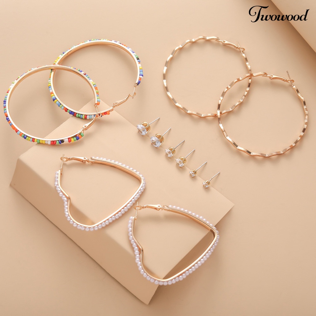 Twowood 6pasang Hoop Earrings Set Mini Beads Rhinestones Inlay Geometris Alloy Perhiasan Elegan Dress-Up Aksesoris Lingkaran Anting Telinga Studs Malam Pesta Memakai Perhiasan Hadiah