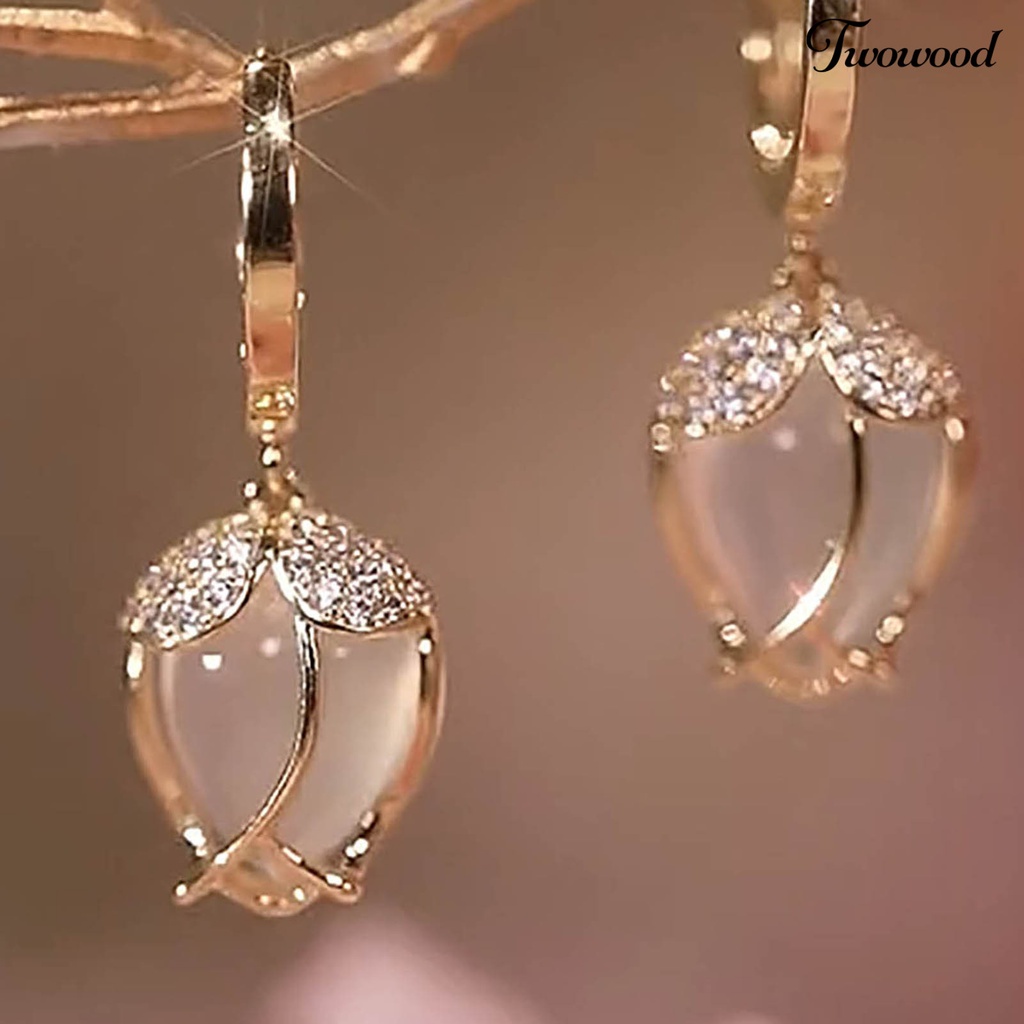 Twowood 1pasang Menjuntai Anting Bersinar Berlian Imitasi Electroplating Pendant Geometris Dekorasi High-end Mewah Vintage Opal Bunga Anting Perlengkapan Kostum