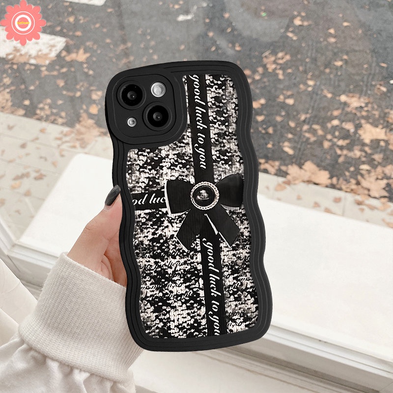 IPHONE Kompatibel Untuk Iphone11 7 8 Plus XR 13 12 14 Pro Max 6s 6x XS Max14 Plus SE 2020 7Plus Retro Fashion Hitam Bow-Knot Wavy Edge Soft Back Cover