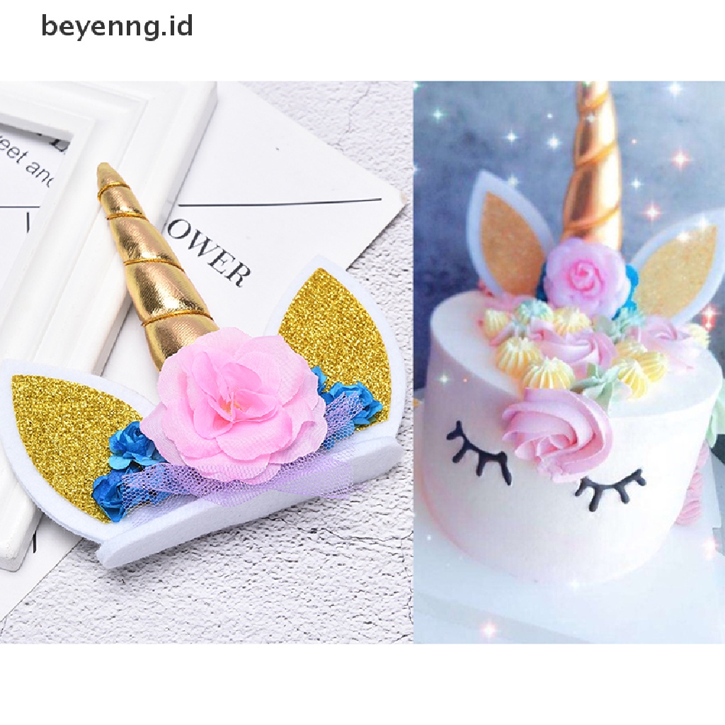 Beyen 3pcs/Set Unicorn Horn Eyelashes Birthday Cake Topper Decor Party Ornament Prop ID