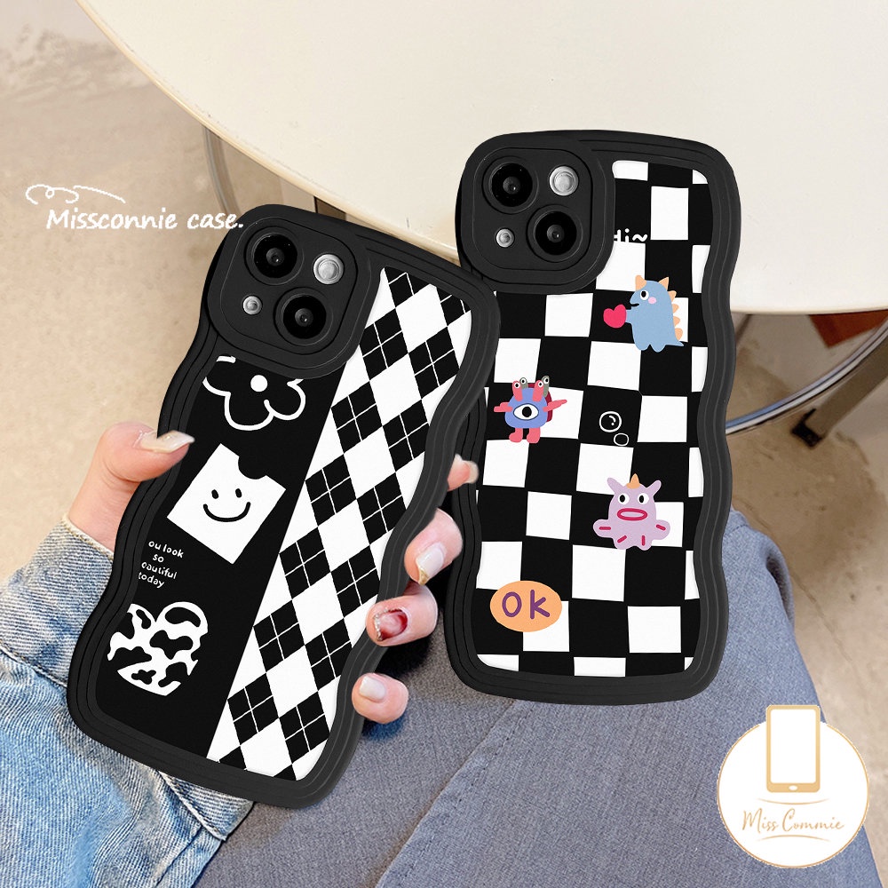 Infinix Hot11 10 9 12 Main 11s 20s 10T 20 8 10Lite 12i Smart5 4 6 Plus Note12 12Pro 12 G96 8 10Pro Hot 10s 11s Kartun Little Monster Papan Catur Diamond Wavy Edge Soft Cover