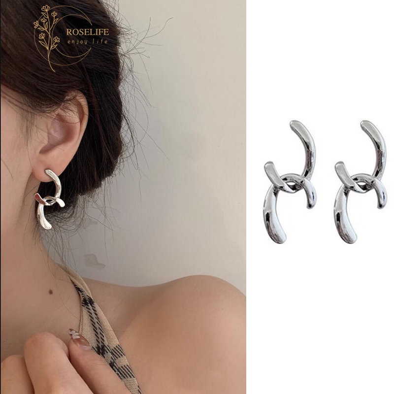 Roselife Chic Korea Perak Besar Ganda C Anting Untuk Wanita Gadis Elegan Geometris Logam Anting Trendi Fashion Besar Telinga Perhiasan Aksesoris