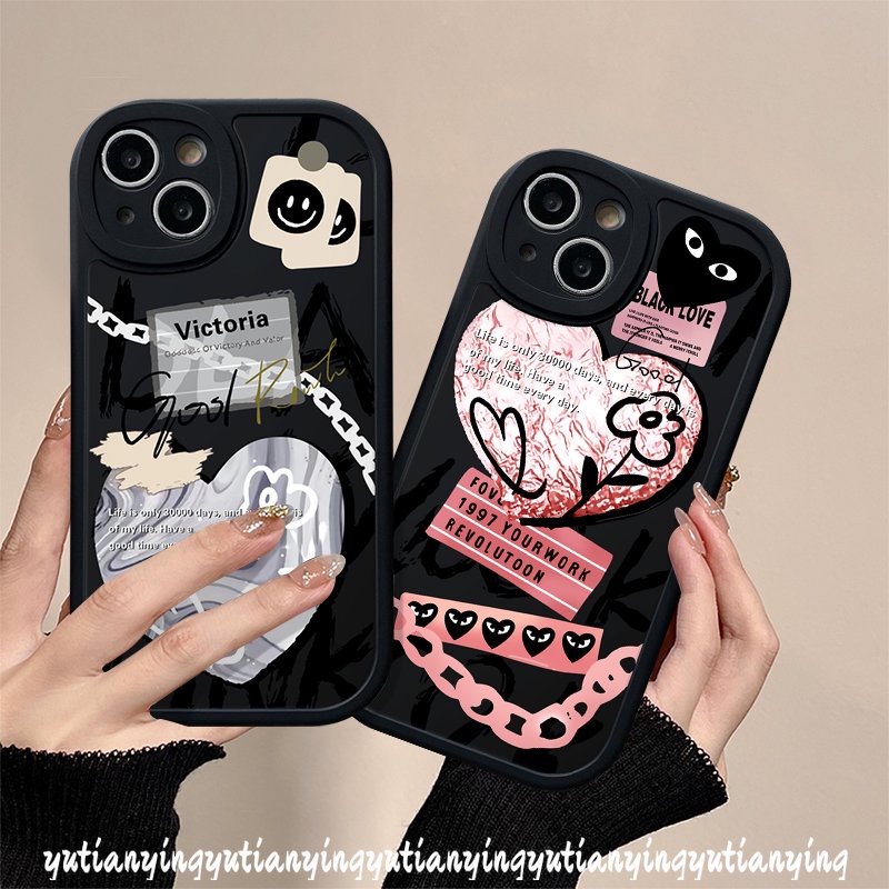 IPHONE Pasangan Casing Kompatibel Untuk Iphone12 11 14 13 Pro Max 7plus XR 6s 7 6 8 Plus XS X Max SE 2020 Ins Graffiti Cinta Hati Trendi Merek Label Soft Tup Case