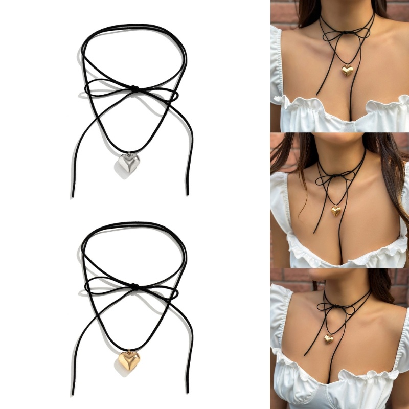 Siy Adjustable Beludru Ikatan Simpul Choker Leher Dasi Rantai Fashion Hati Liontin Kalung