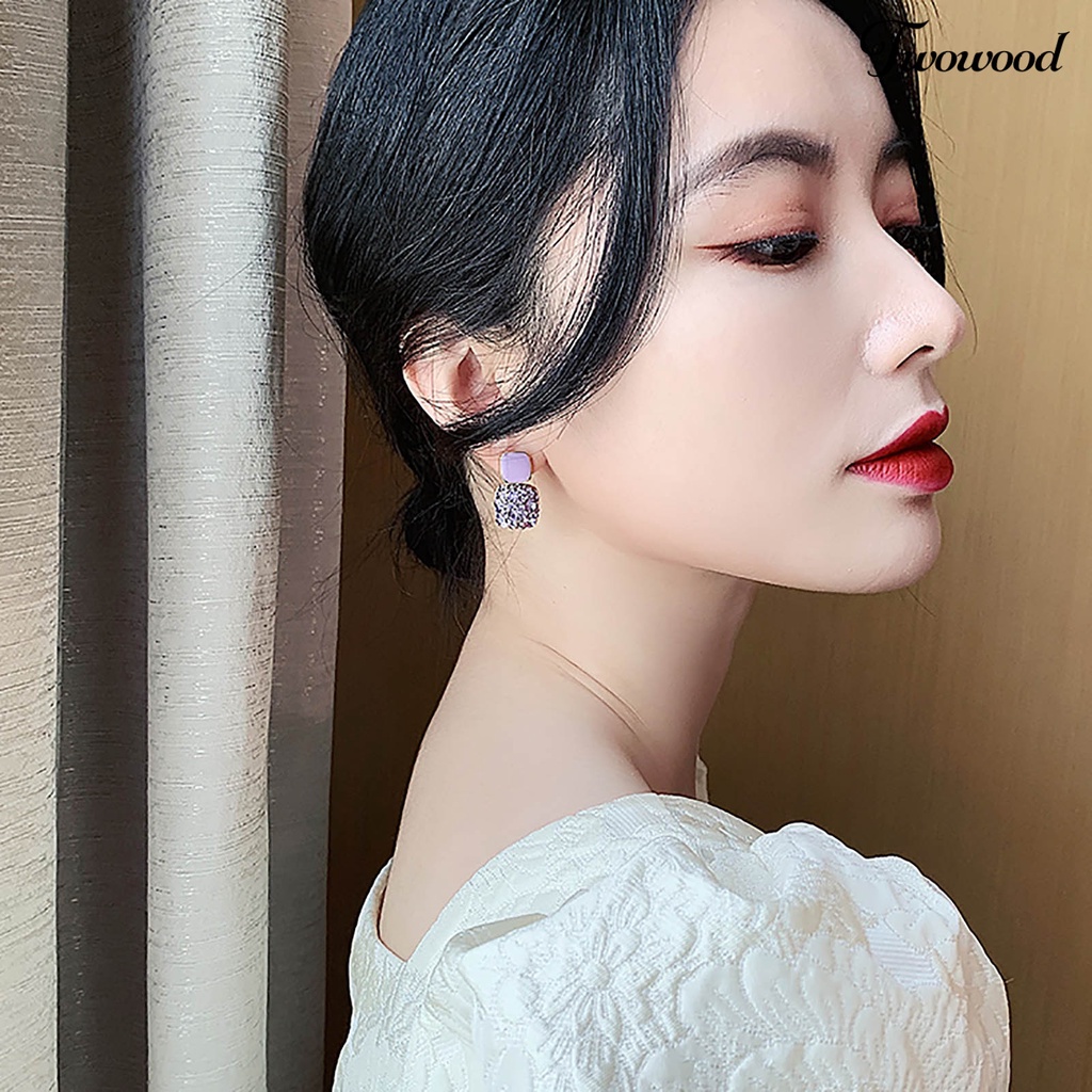 Twowood 1pasang Anting Wanita Berlian Imitasi Bersinar Tetes Minyak Geometris Dekorasi Eropa Dan Amerika Temperamen Retro Ungu Stud Menjuntai Anting-Anting Perlengkapan Kostum