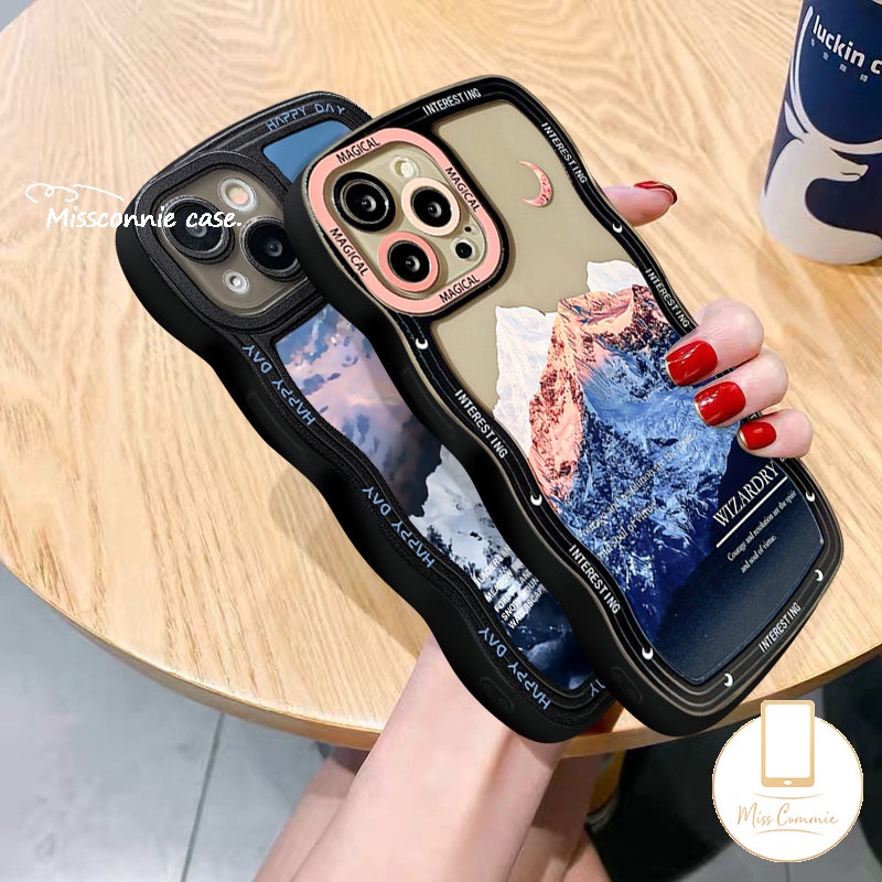 IPHONE Couple Case Kompatibel Untuk Iphone11 14 12 13 Pro Max 7Plus XR X XS Max 7 6 6s 8 14 Plus SE 2020 Fantasi Matahari Salju Gunung Lembut Tpu Bergelombang Tepi Smile Phone Cover