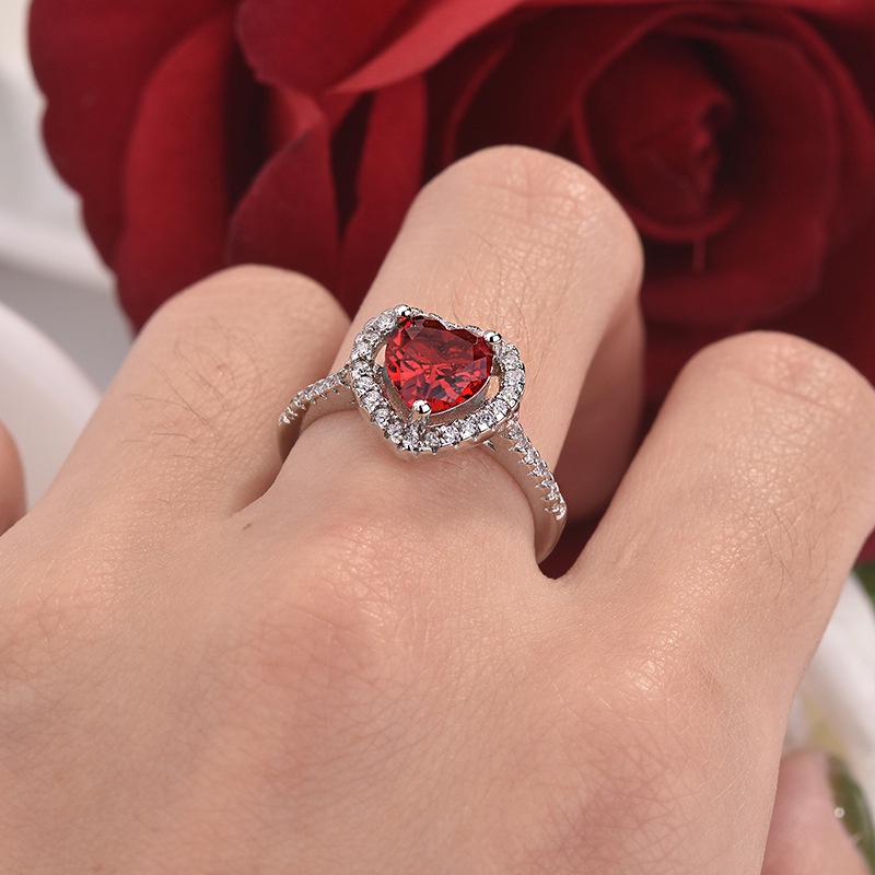 Goldkingdom Fashion Perhiasan Aksesoris Ready Stock Eropa Dan Amerika Perhiasan Berlapis Perak Royal Merah Hati Ruby Cincin Wanita Berwarna Batu Permata Cincin