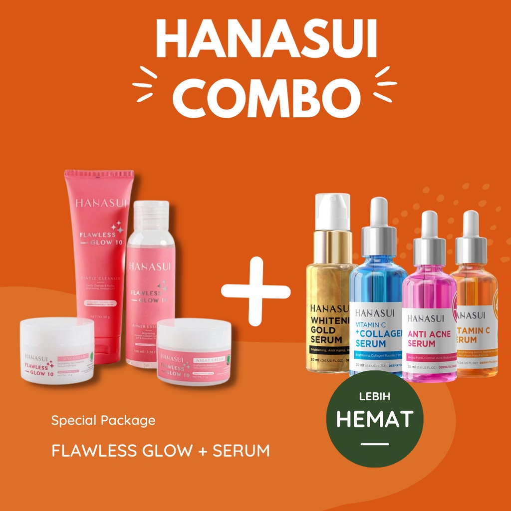 Skincare Paket Glowing Hanasui Flawless Glow / Ecer Cream siang malam toner sabun