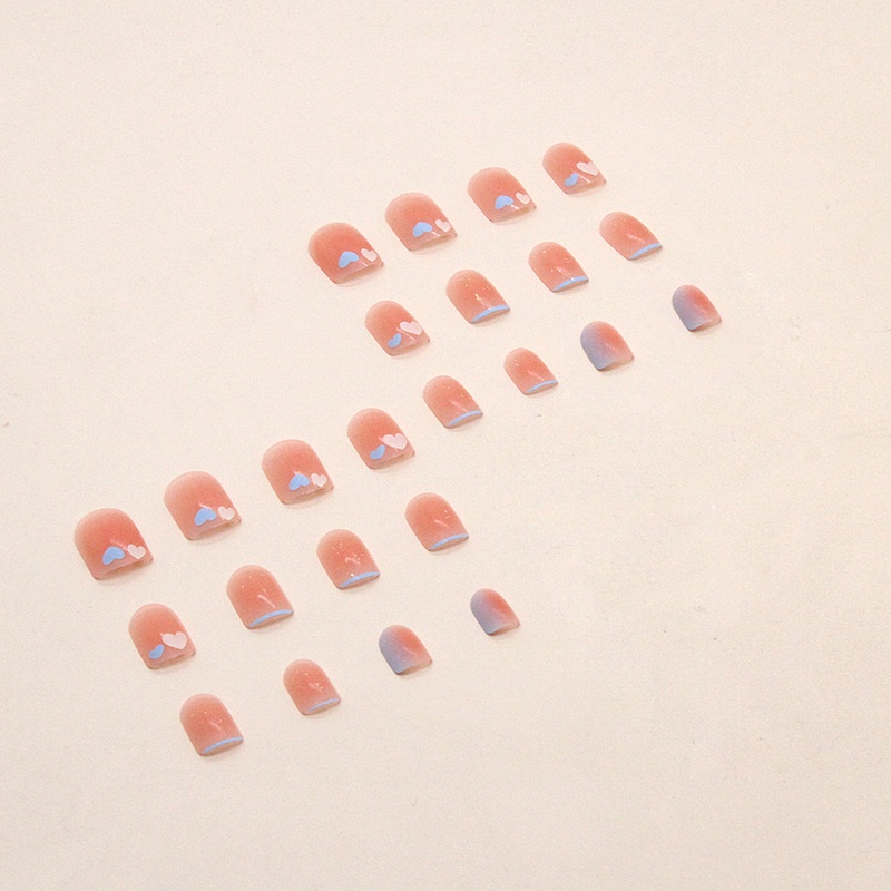 Paku Palsu Motif Love Biru Putih Pink Blush Kuku Palsu Persegi Isi 24pcs/box R739