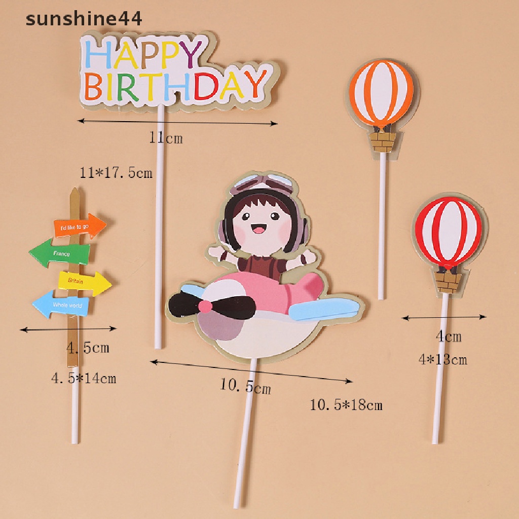 Sunshine Happy Birthday Cake Topper Pilot Pesawat Mobil Pohon Awan Anniversaire Decor Flag ID