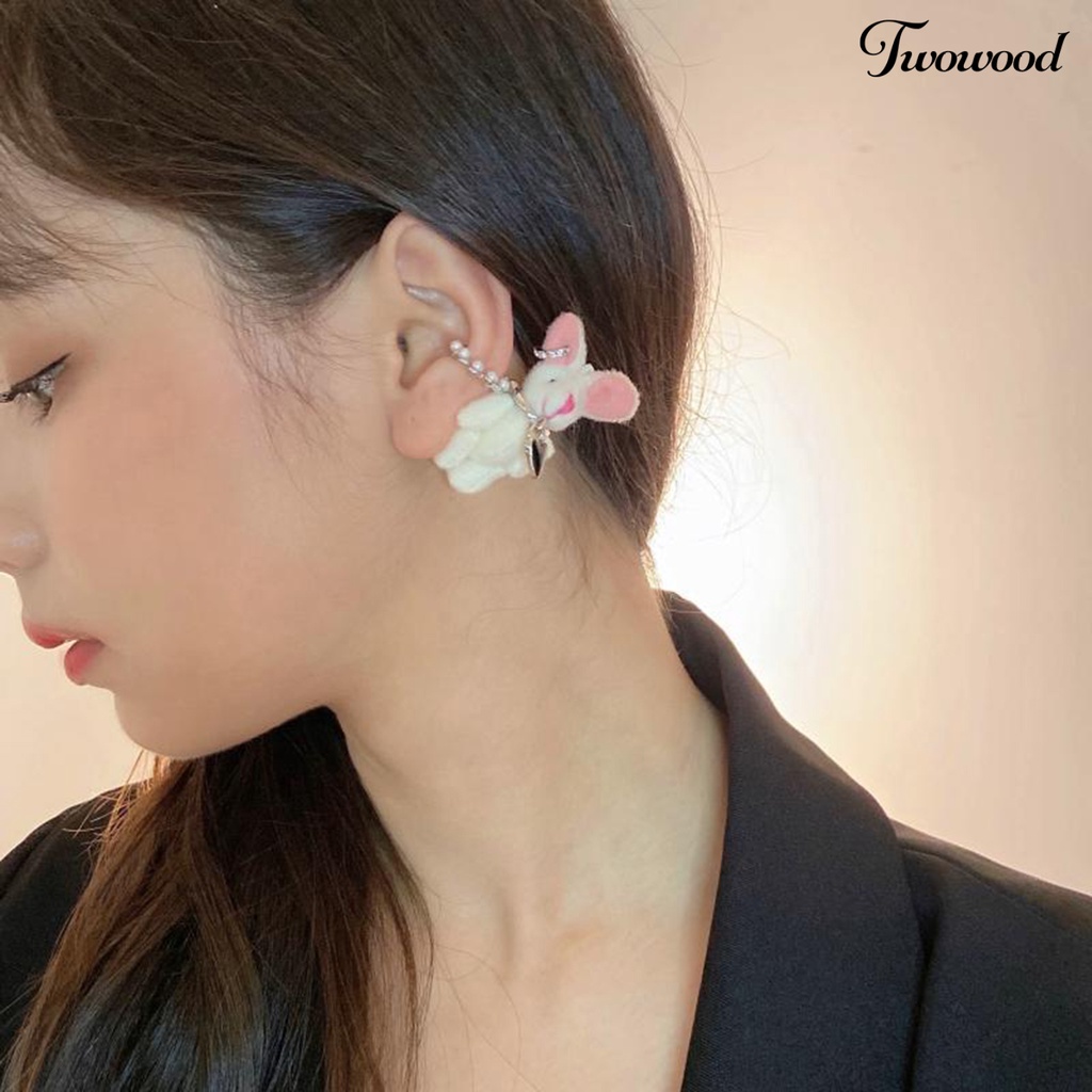 Twowood 1Pc Telinga Manset Menggemaskan Liontin Mewah Buatan Tangan Pengerjaan Halus Eye-catching Hadiah Memberikan Fashion Perempuan Kelinci Putih Klip Anting-Anting Perhiasan Aksesori