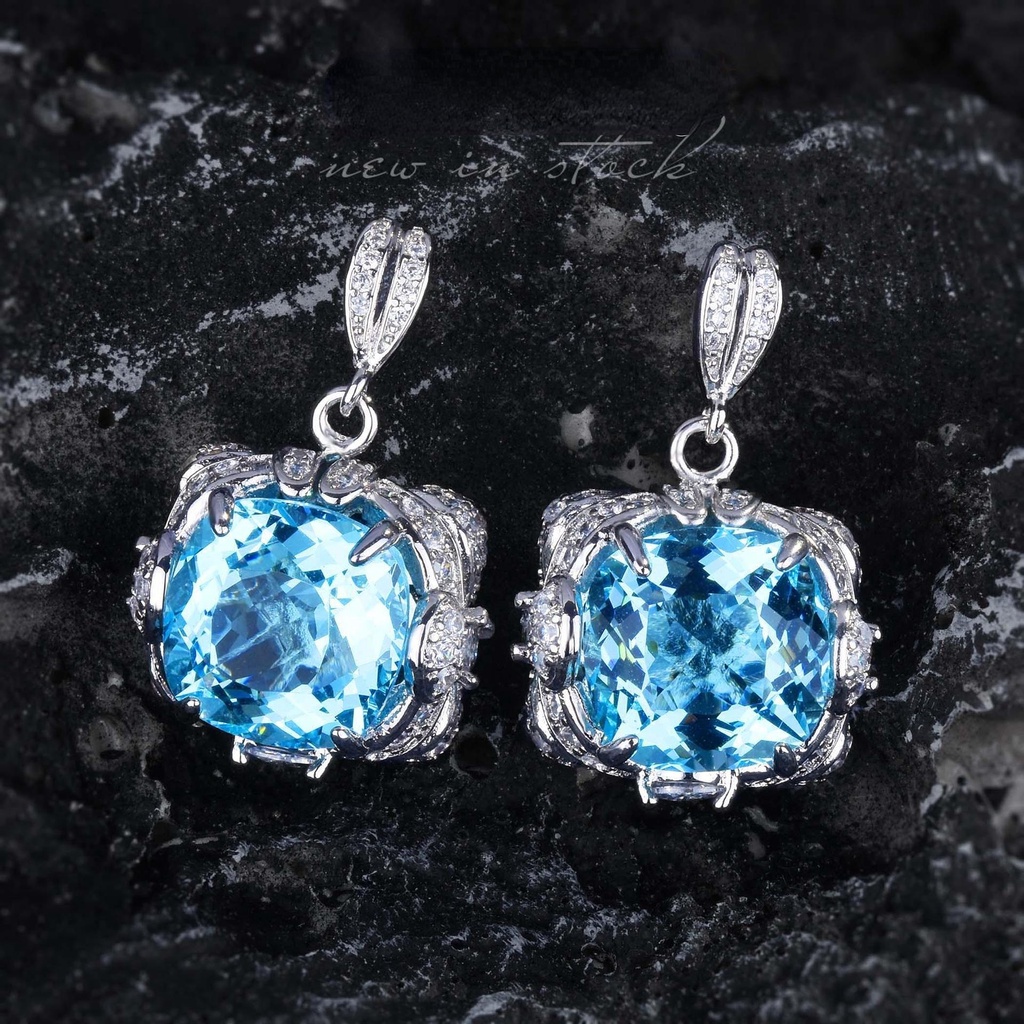 Goldkingdom Aksesoris Perhiasan Fashion Ready Stock Aquamarine Topa Batu Besar Karat Gemuk Square Color Treasure Earrings Untuk Wanita