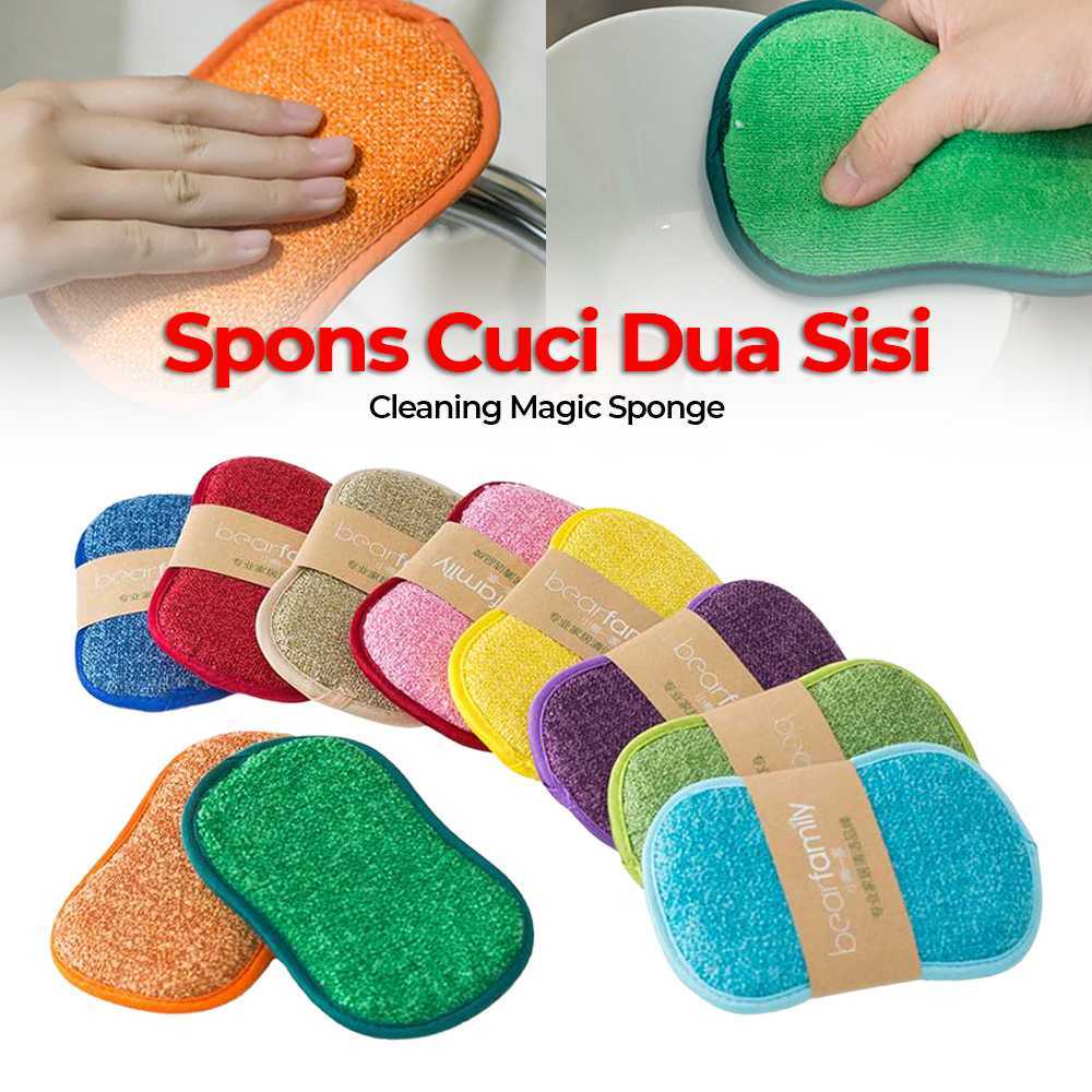 (BISA COD) FTIHSHP BEAR FAMILY Spons Cuci Dua Sisi Cleaning Magic Sponge - BE10